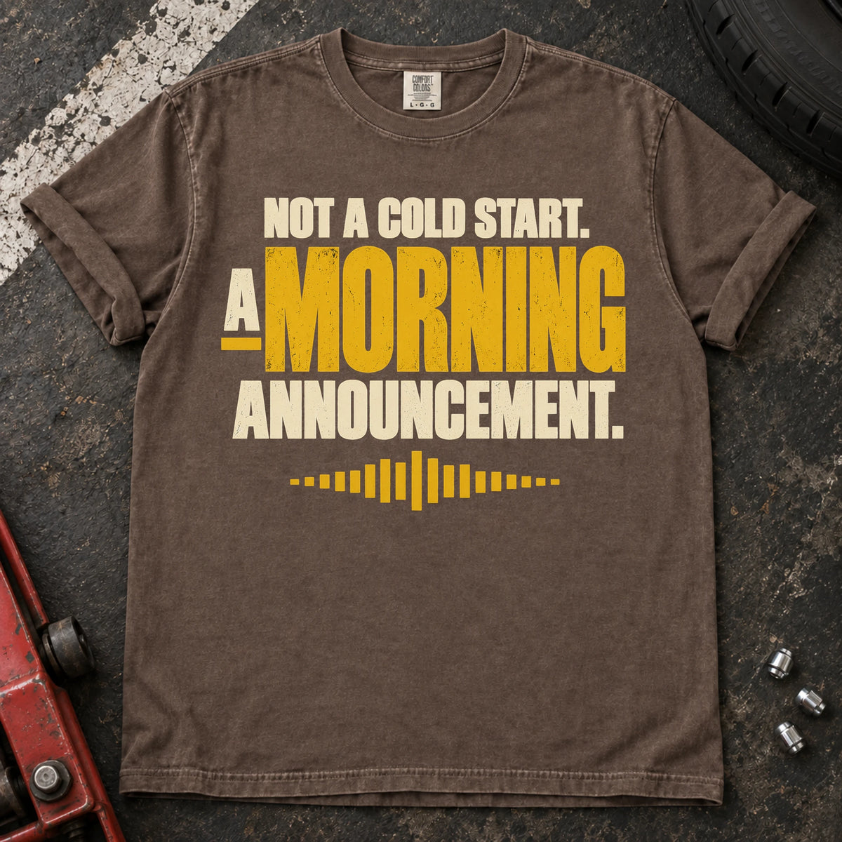 Espresso car enthusiast T-shirt. A waveform turns a cold start into a morning announcement.