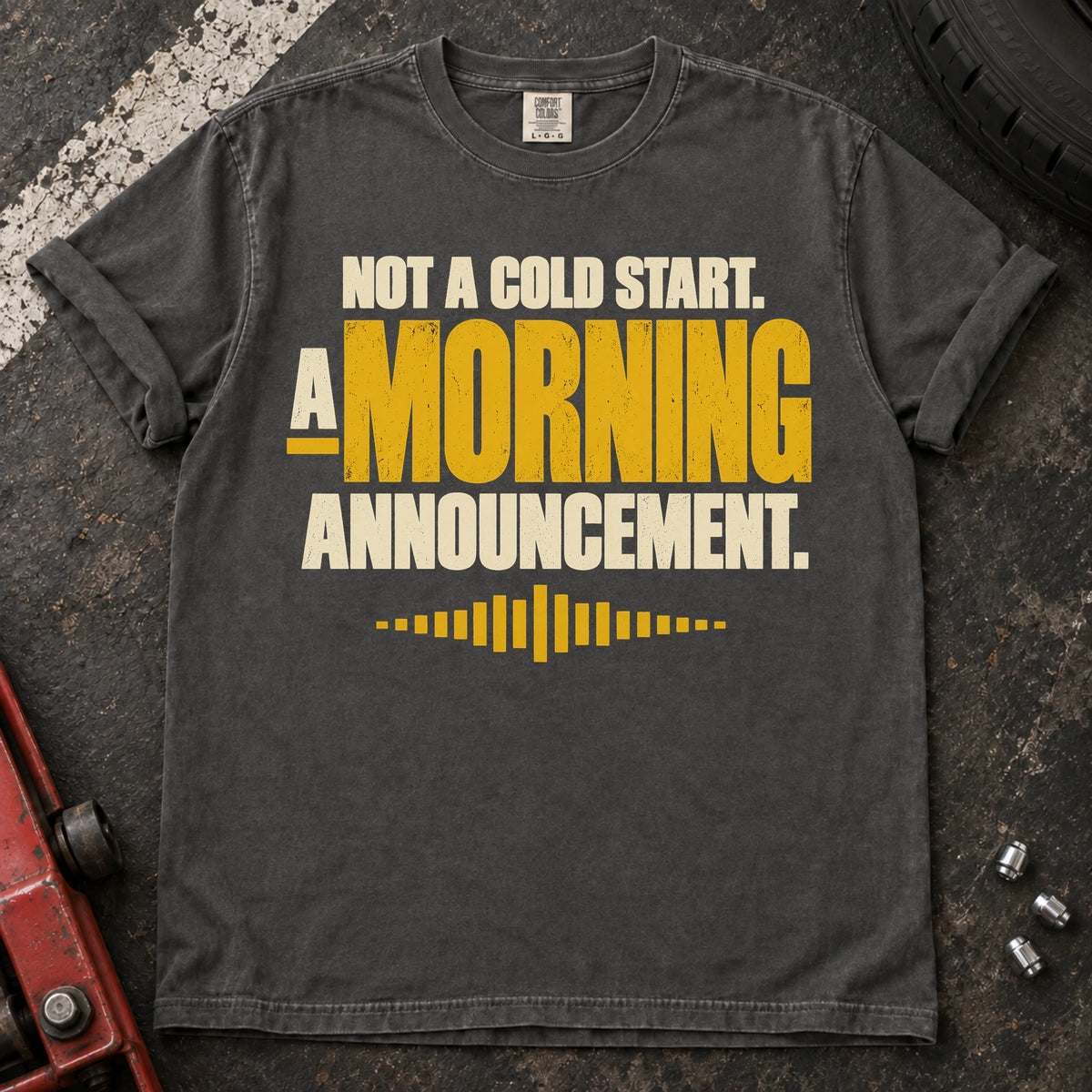 Pepper car enthusiast T-shirt. A waveform turns a cold start into a morning announcement.