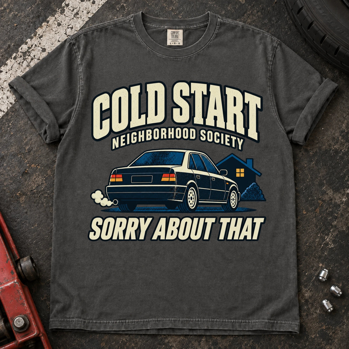 Pepper car enthusiast T-shirt. A car outside a house apologizes for the Cold Start Neighborhood Society.
