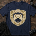 Navy gaming T-shirt. A distressed controller crest declares it never left my hand.
