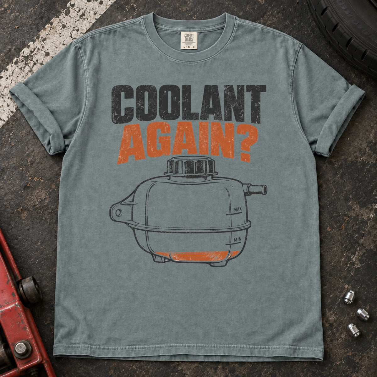 Bay car enthusiast T-shirt. A low reservoir asks the weary maintenance question, coolant again?