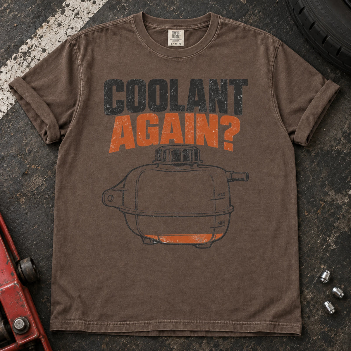 Espresso car enthusiast T-shirt. A low reservoir asks the weary maintenance question, coolant again?