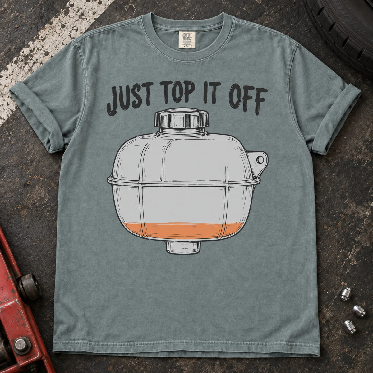 Bay car enthusiast T-shirt. A low coolant tank carries the familiar instruction, just top it off.