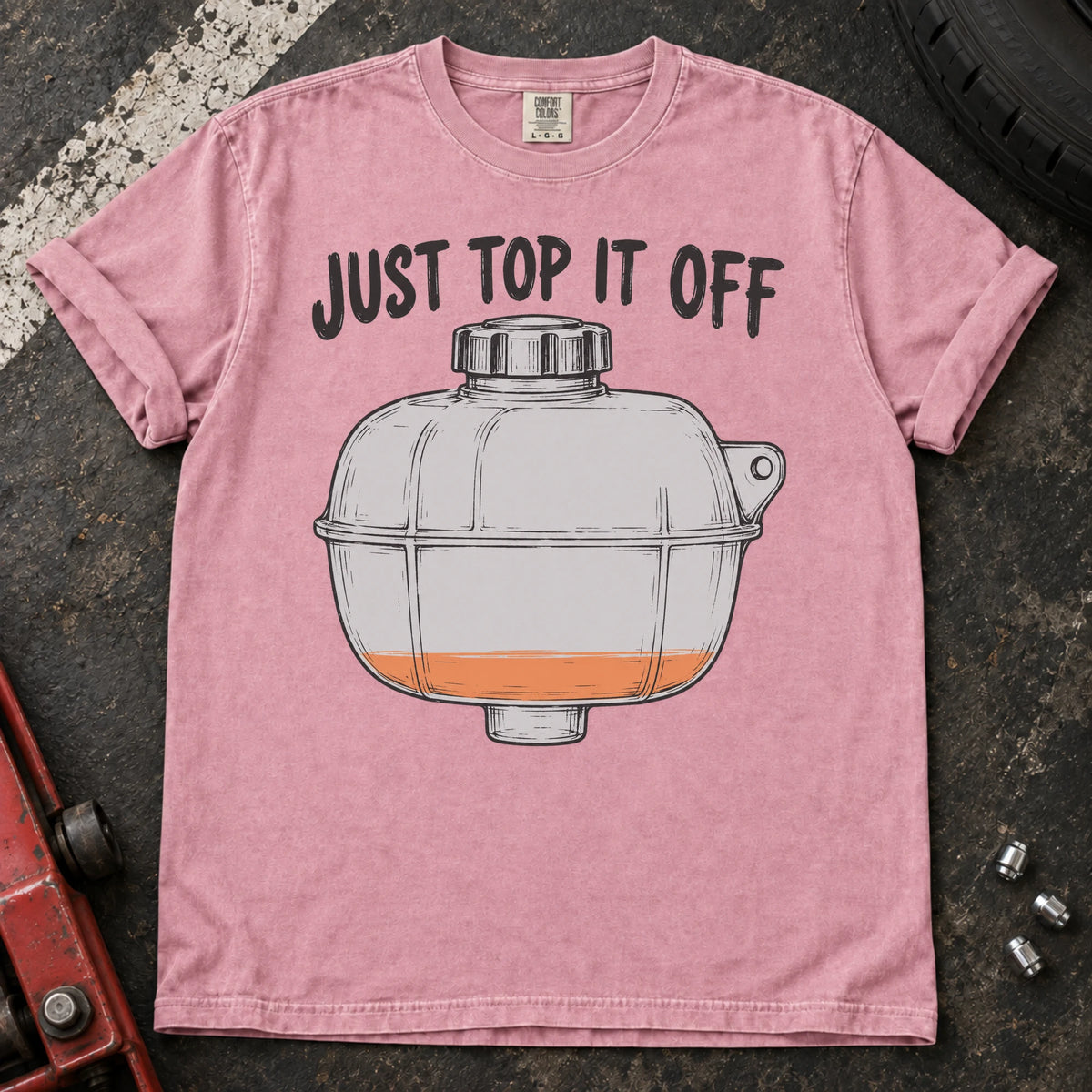 Blossom car enthusiast T-shirt. A low coolant tank carries the familiar instruction, just top it off.