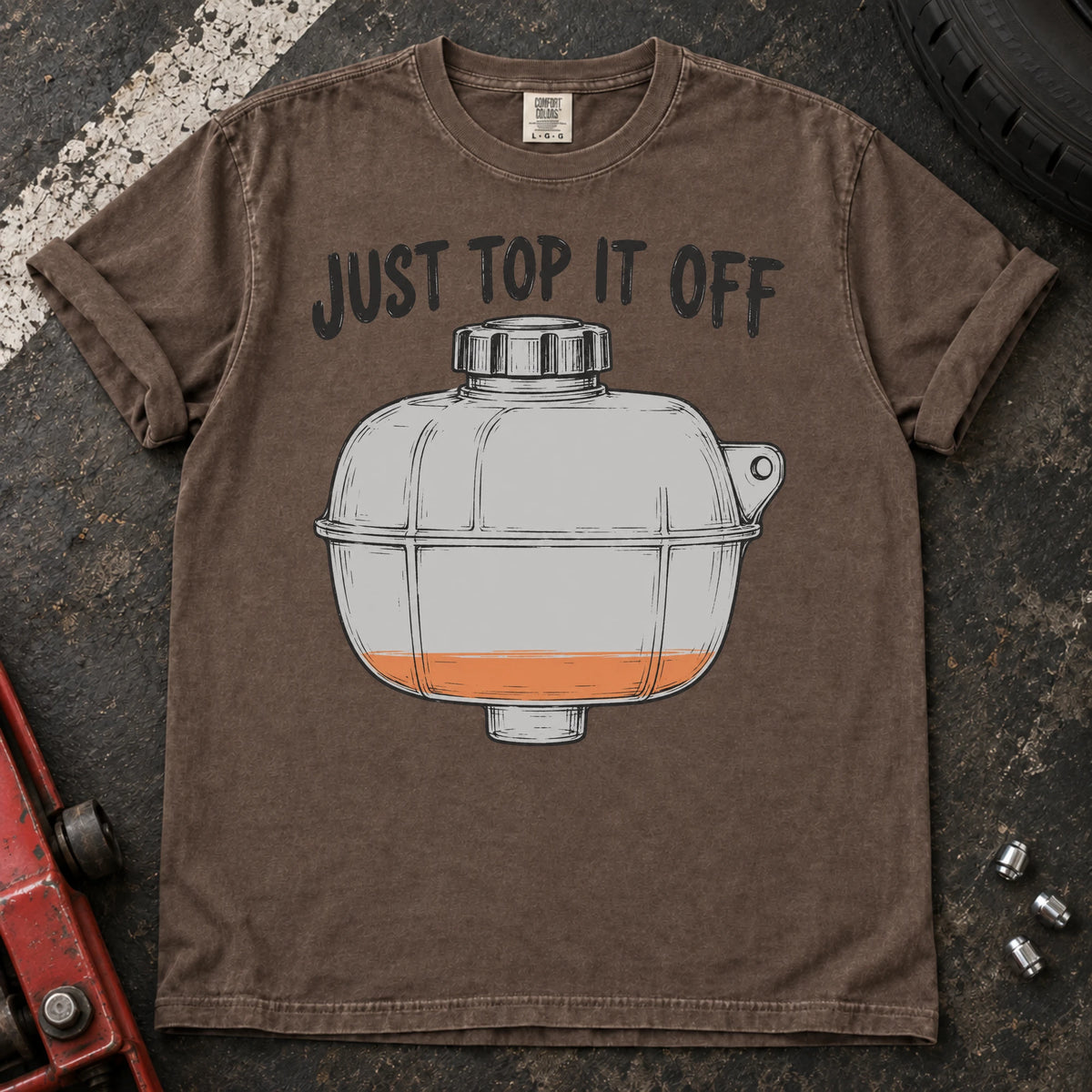 Espresso car enthusiast T-shirt. A low coolant tank carries the familiar instruction, just top it off.