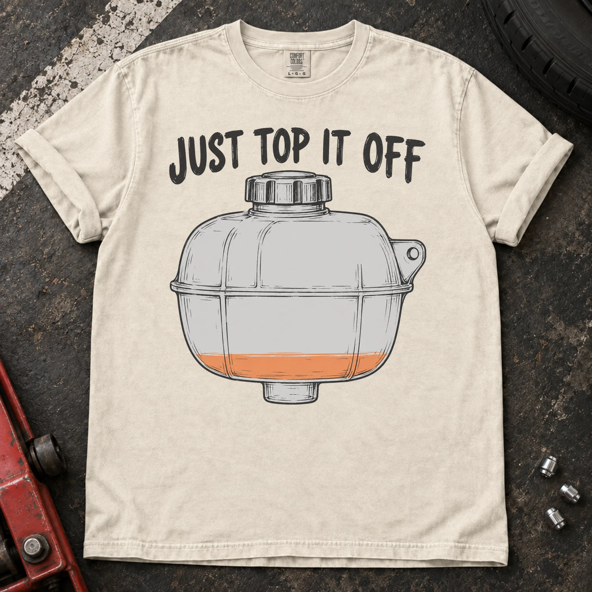 Ivory car enthusiast T-shirt. A low coolant tank carries the familiar instruction, just top it off.