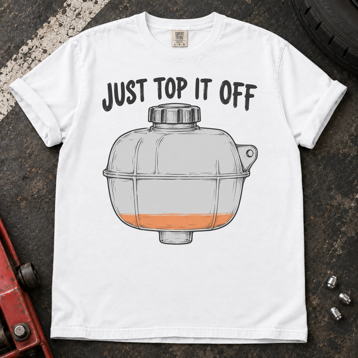 White car enthusiast T-shirt. A low coolant tank carries the familiar instruction, just top it off.