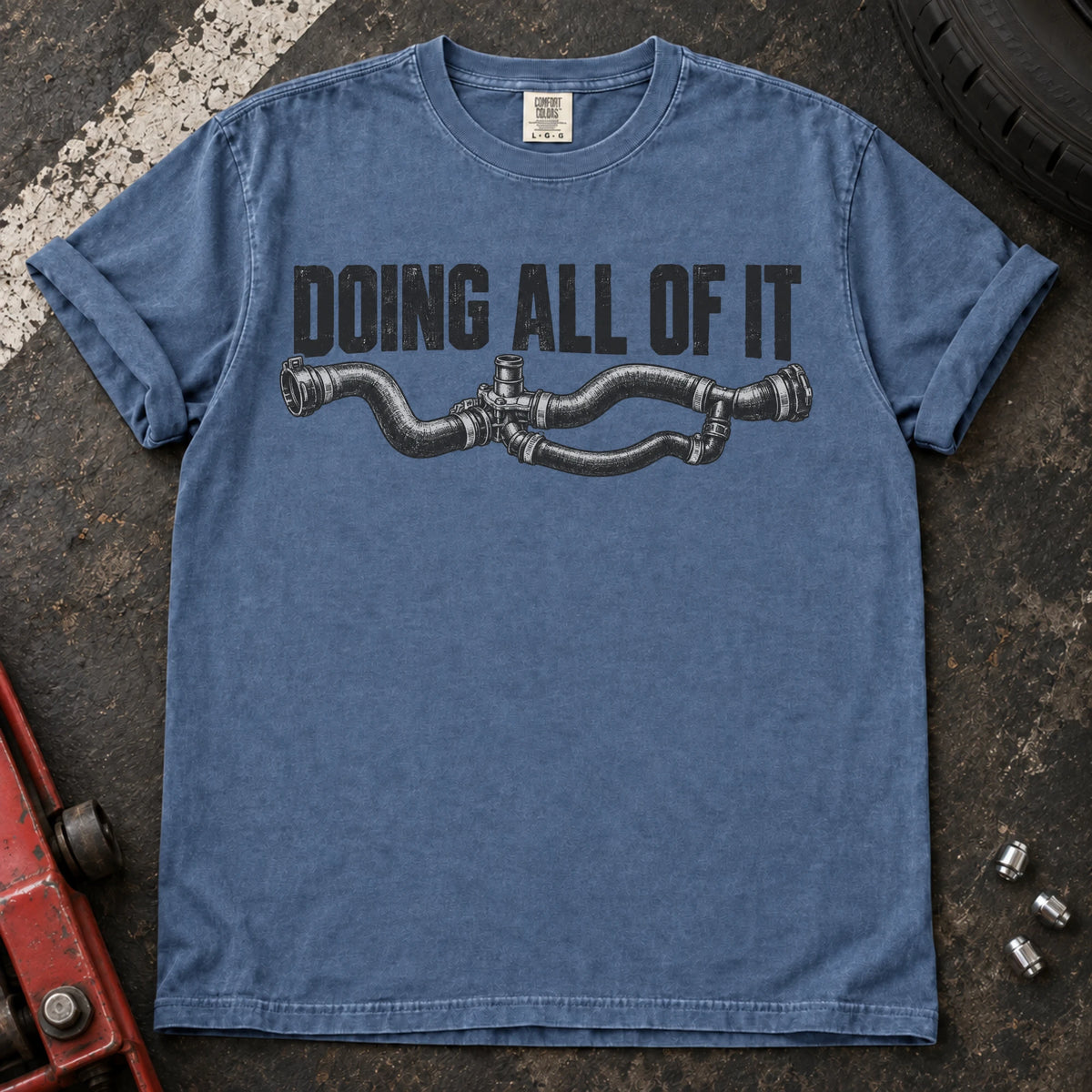 Blue Jean car enthusiast T-shirt. An assembly of coolant hoses accompanies doing all of it.