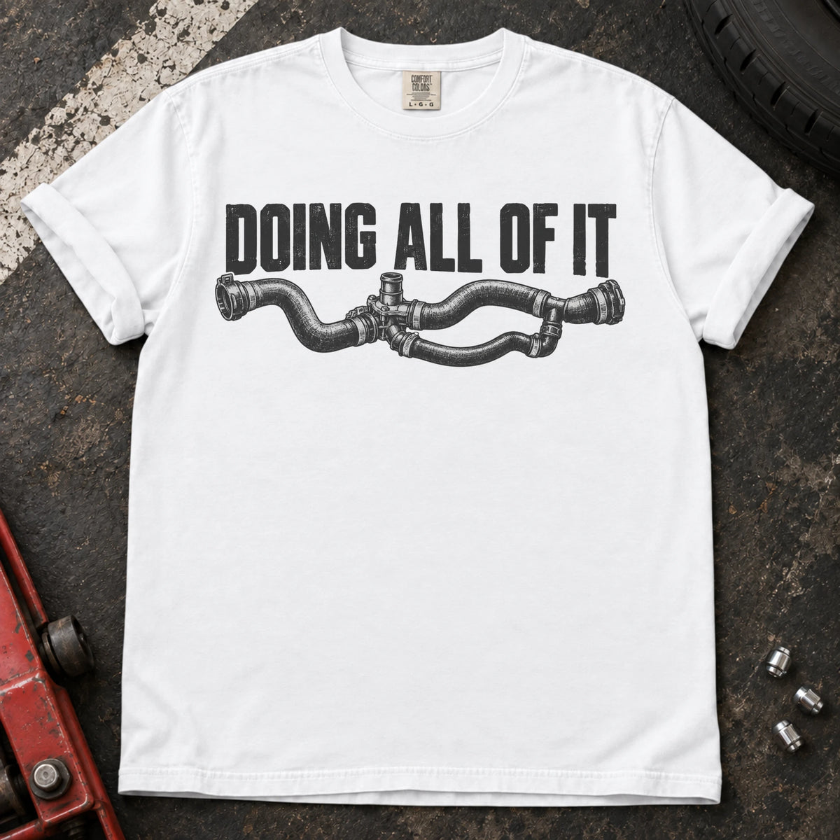 White car enthusiast T-shirt. An assembly of coolant hoses accompanies doing all of it.