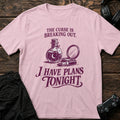 Light Pink gaming T-shirt. A potion and compact mirror capture a curse breaking out before evening plans.