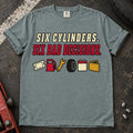Bay car enthusiast T-shirt. Six expense icons illustrate six cylinders and six bad decisions.