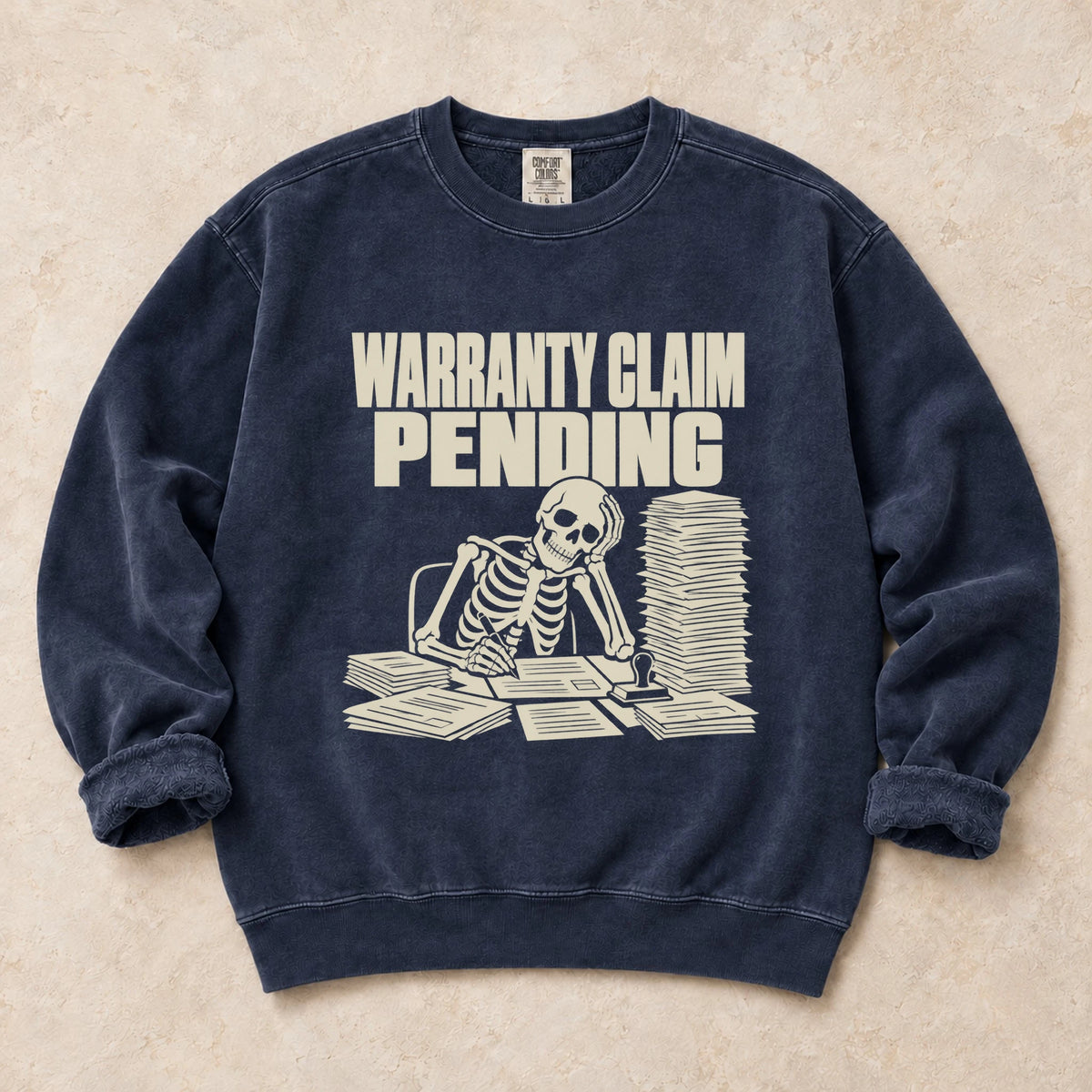 True Navy garment-dyed crewneck sweatshirt with Warranty Queue mechanic humor design