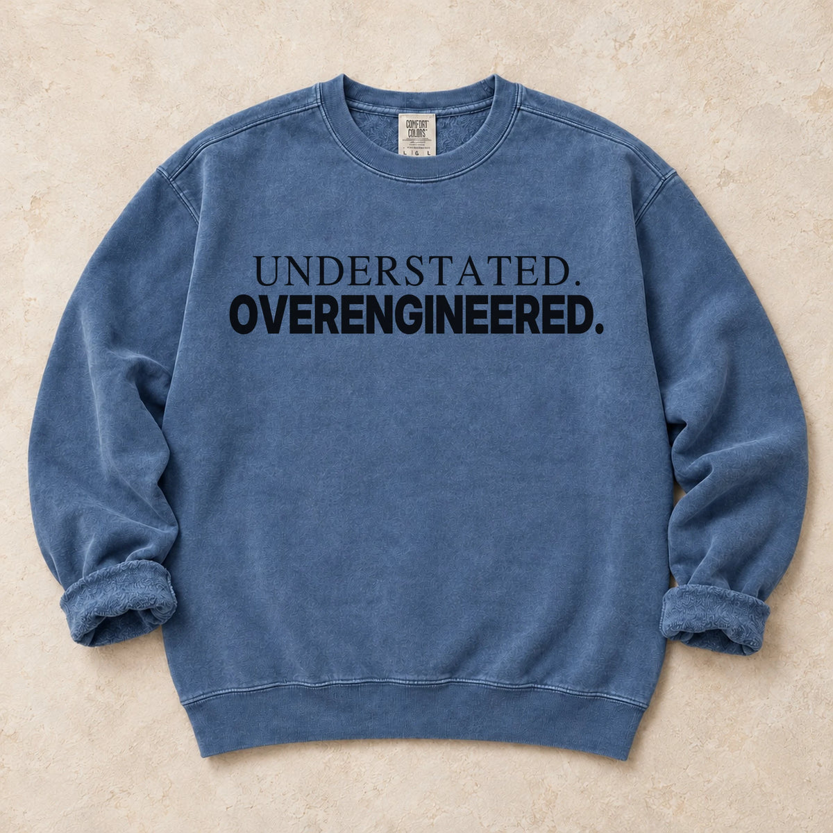 Blue Jean garment-dyed crewneck sweatshirt with Quiet Overkill car enthusiast design