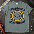 Bay T-shirt showing a worried face inside an amber warning symbol with 'My dashboard is very expressive'.