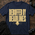 Navy gaming T-shirt. A downward arrow and worn lettering show being debuffed by deadlines.