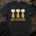 Black gaming T-shirt. Three dialogue icons remind adventure gamers to talk to everyone.