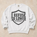 White gaming sweatshirt. A shield frames the refusal to lower the difficulty.