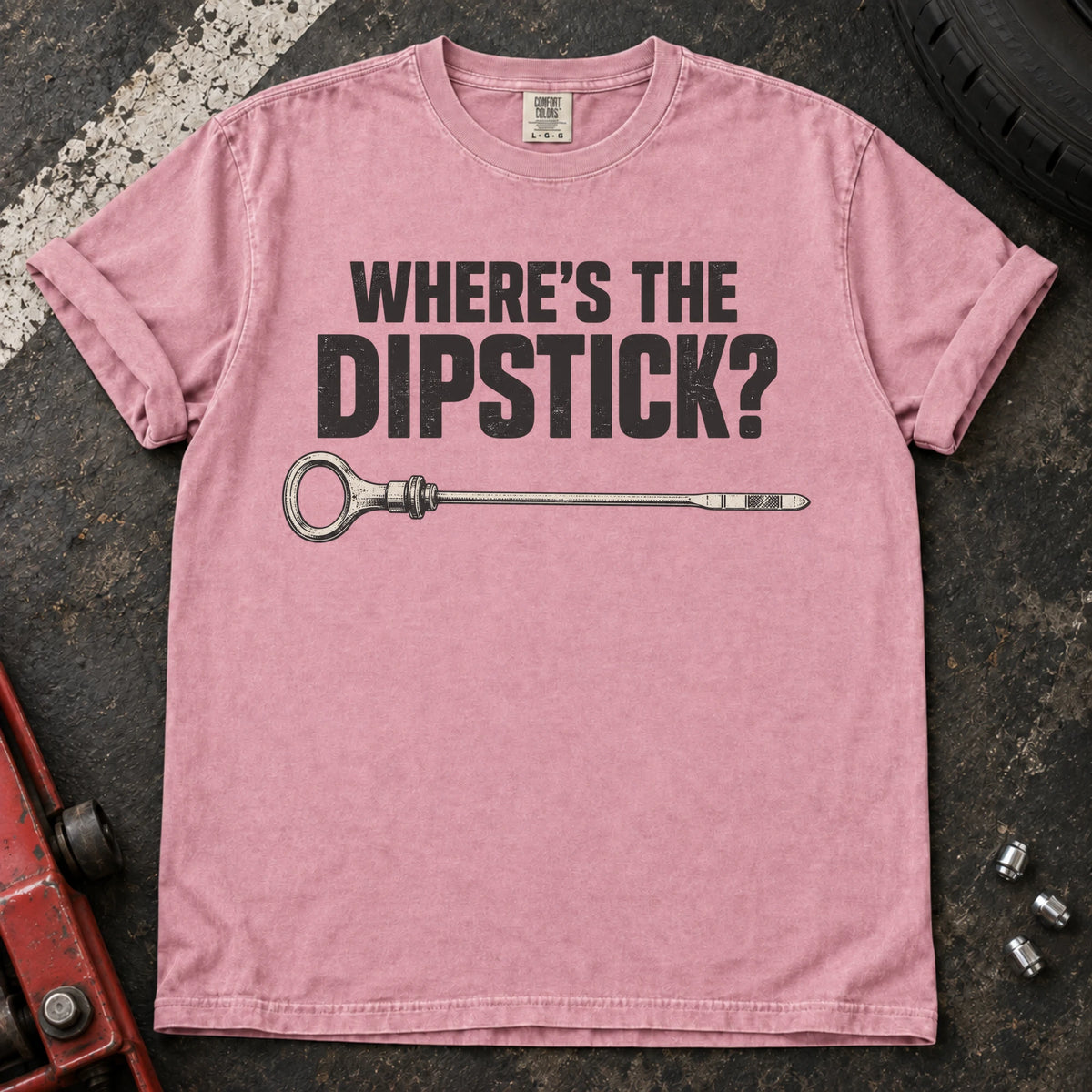 Blossom car enthusiast T-shirt. A dipstick graphic asks the familiar maintenance question, where's the dipstick?