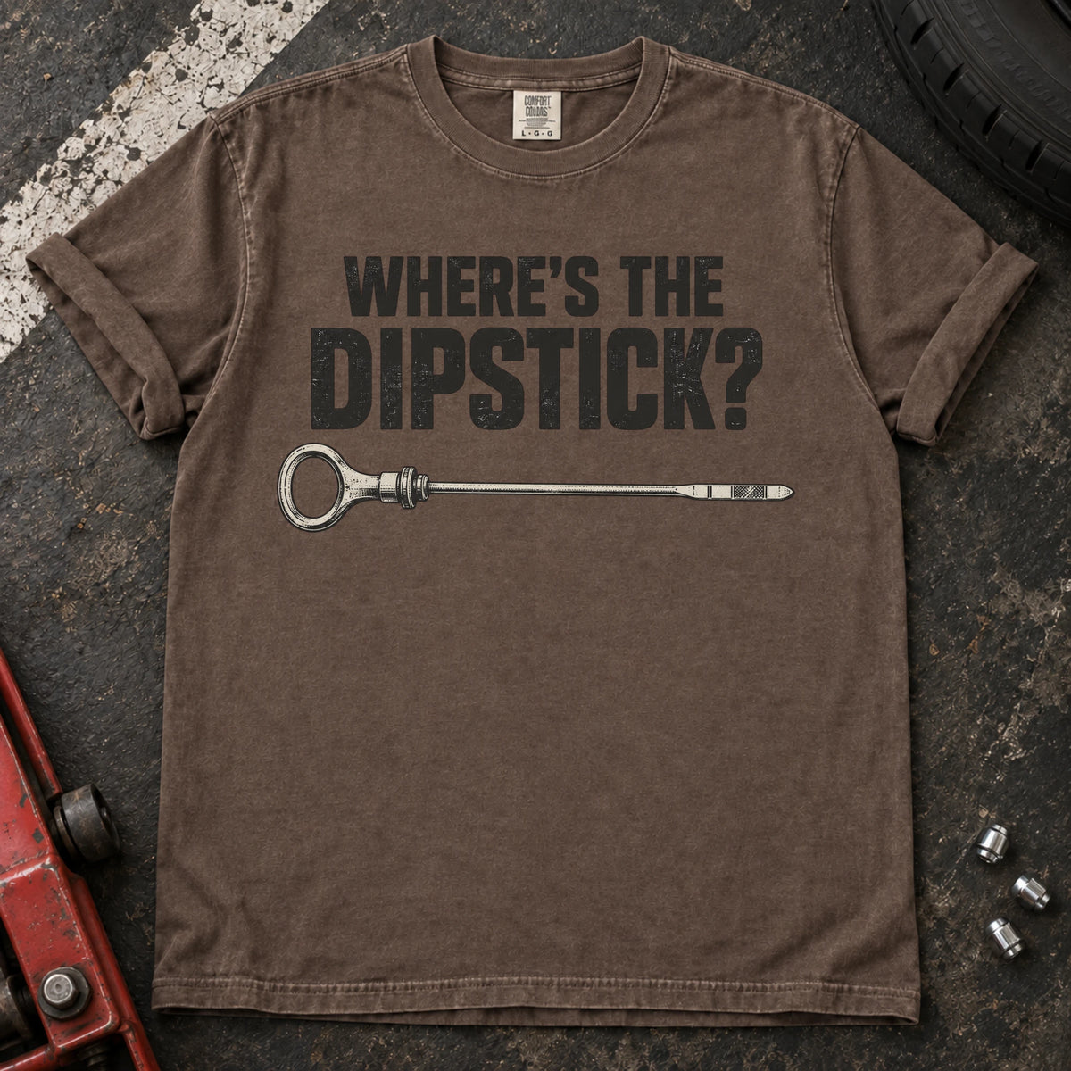 Espresso car enthusiast T-shirt. A dipstick graphic asks the familiar maintenance question, where's the dipstick?