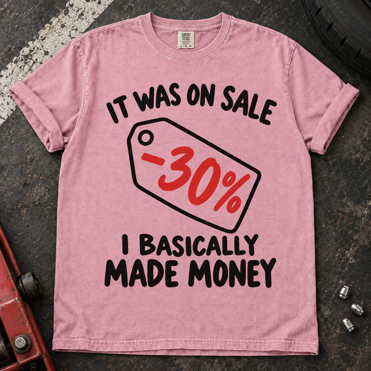 Blossom T-shirt with a 30% discount tag and 'It was on sale. I basically made money'.