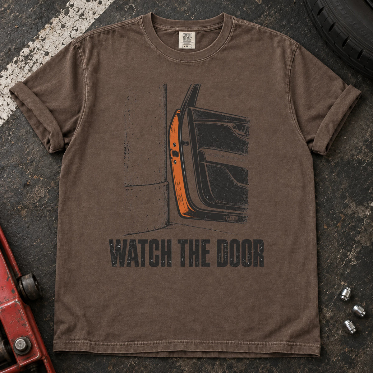 Espresso car enthusiast T-shirt. A car door beside a wall makes watch the door an enthusiast's warning.