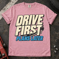 Blossom car enthusiast T-shirt. A car key backs drive first, plans later.