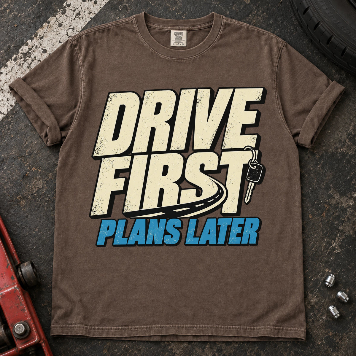 Espresso car enthusiast T-shirt. A car key backs drive first, plans later.