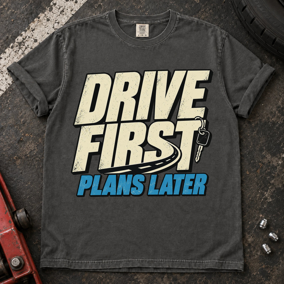 Pepper car enthusiast T-shirt. A car key backs drive first, plans later.