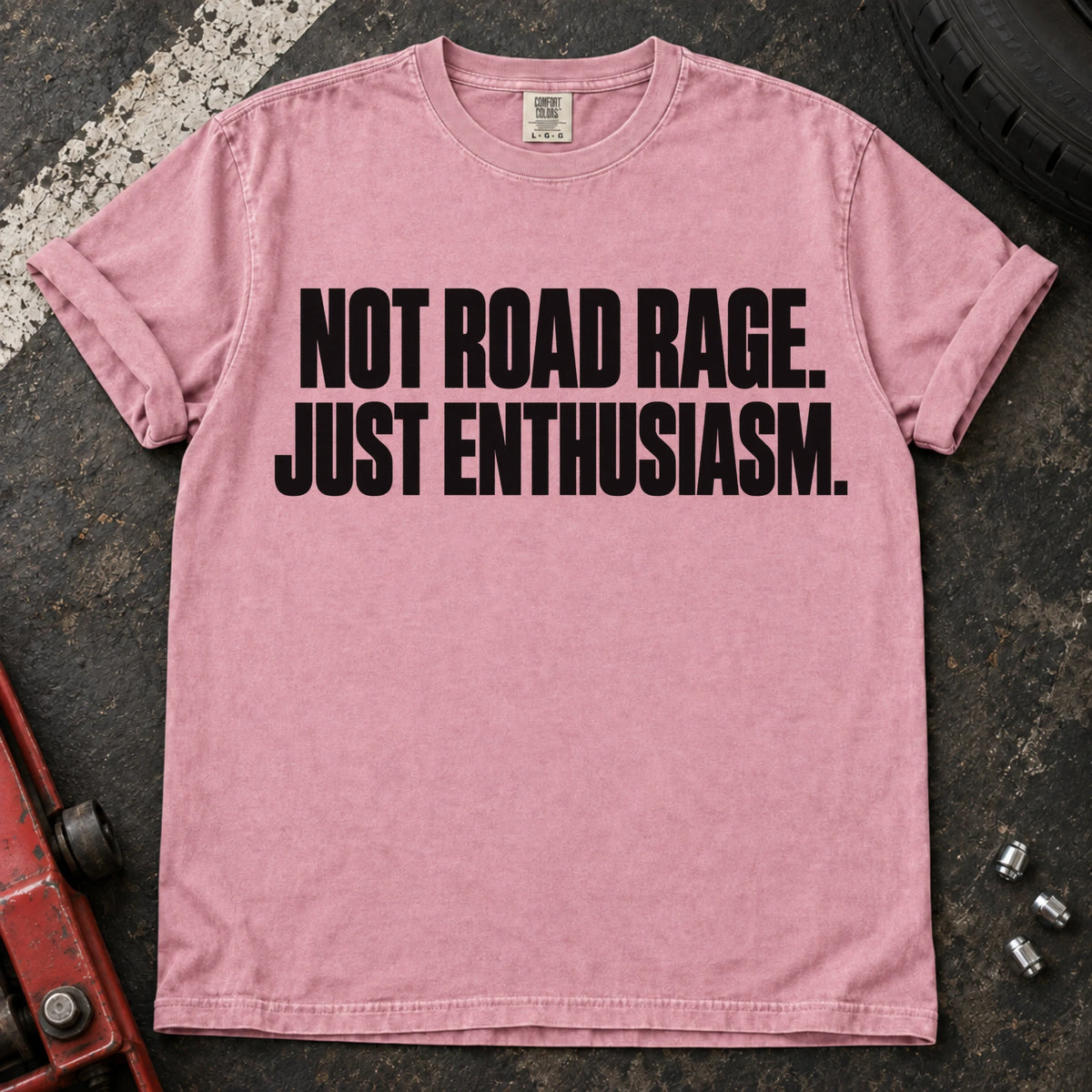 Blossom car enthusiast T-shirt. Not road rage, just enthusiasm: bold car-lover typography.