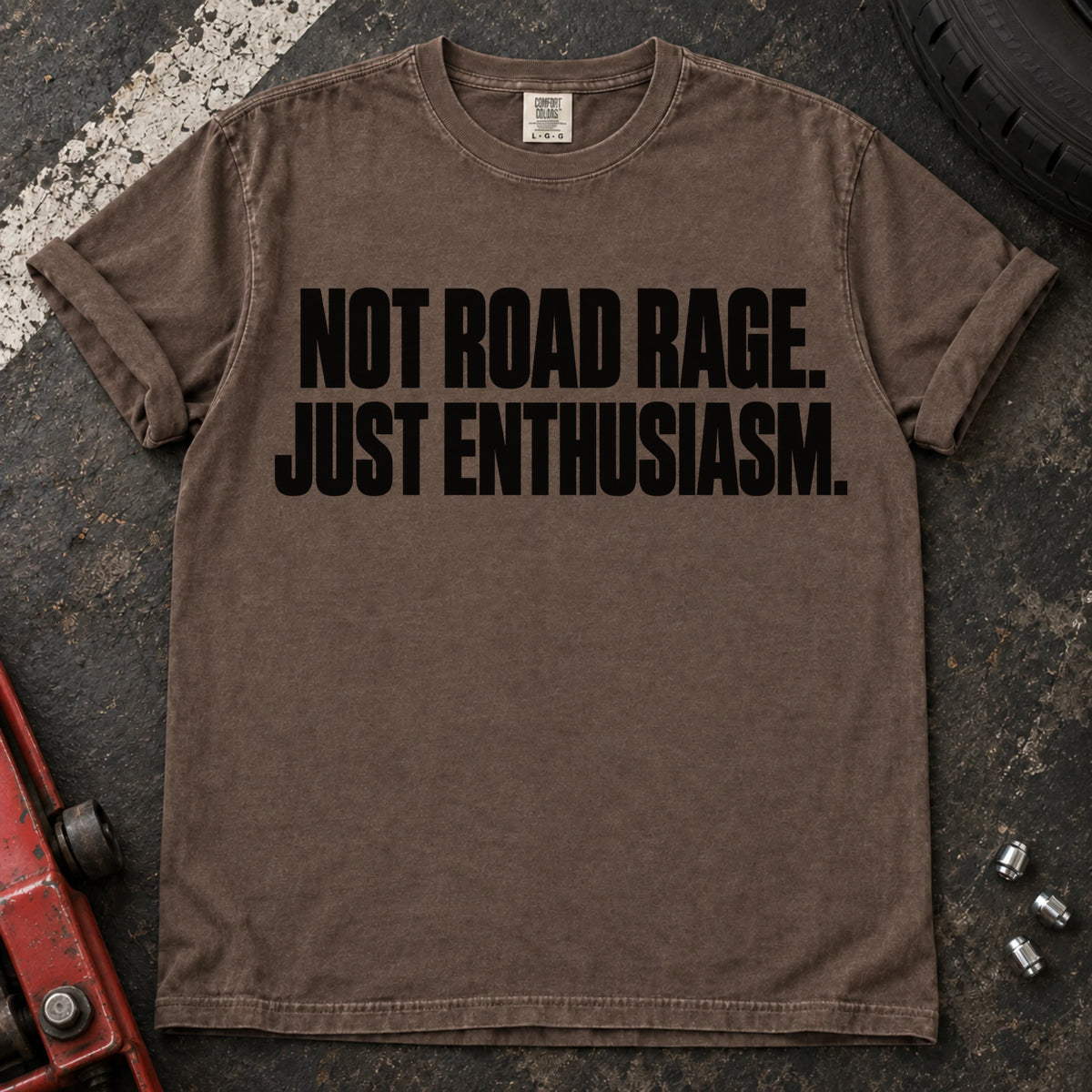 Espresso car enthusiast T-shirt. Not road rage, just enthusiasm: bold car-lover typography.