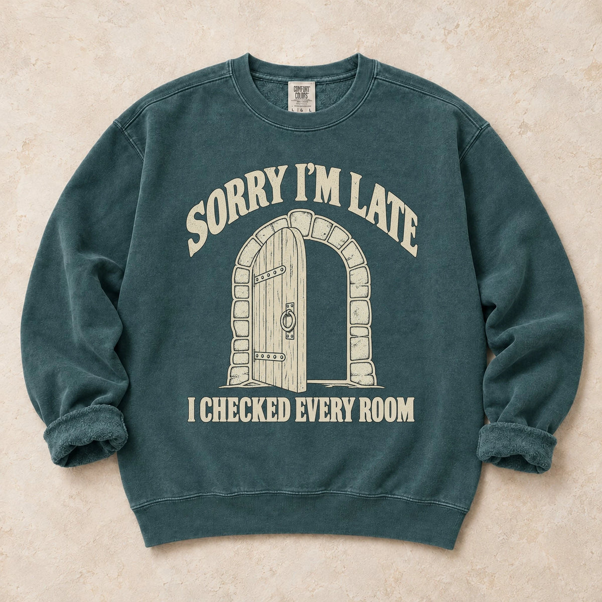 Blue Spruce gaming sweatshirt. A dungeon door explains being late because every room got checked.