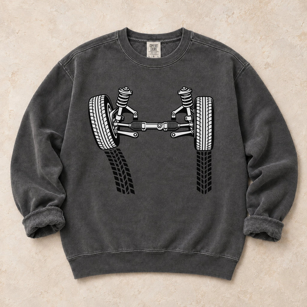 Pepper garment-dyed crewneck sweatshirt with Camber Geometry wheel fitment design