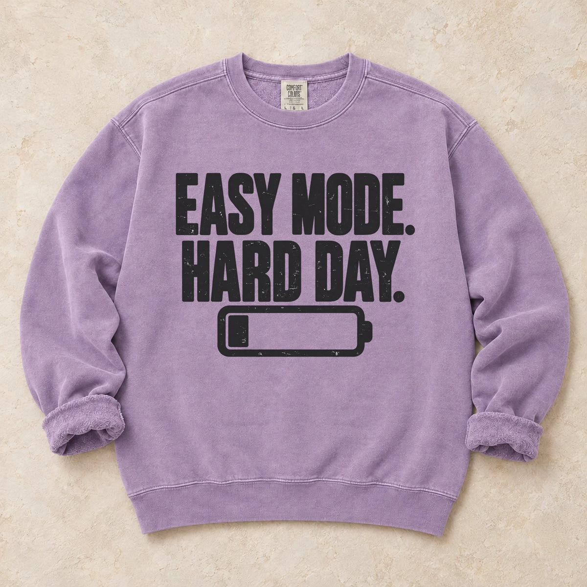 Orchid gaming sweatshirt. Easy mode, hard day, with a low battery for after-work gamers.