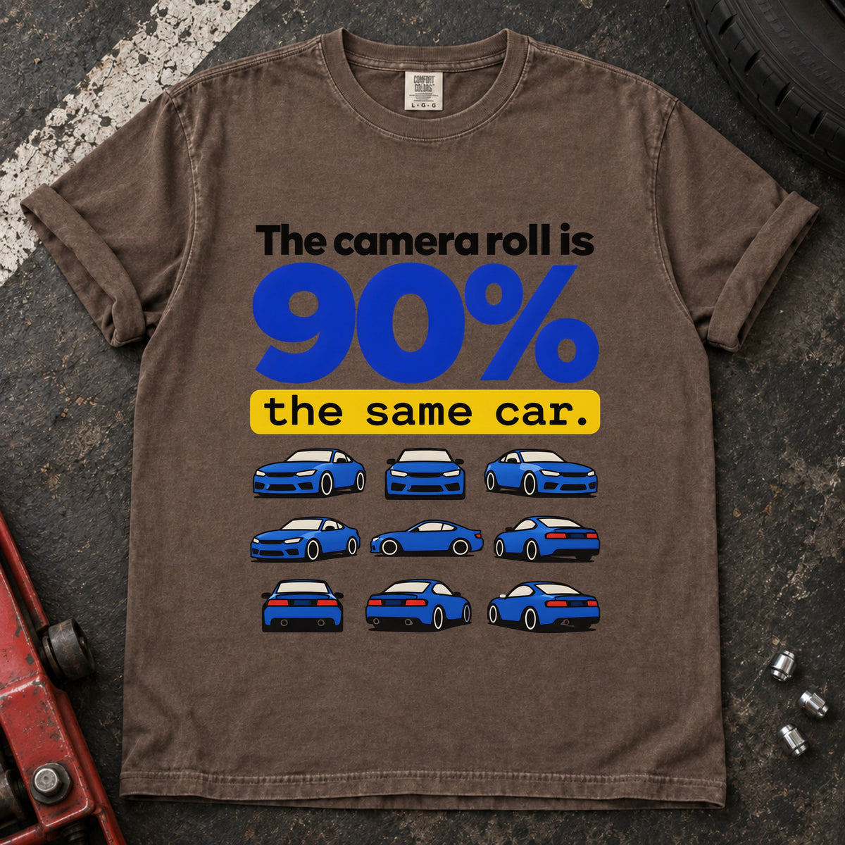 Espresso T-shirt showing a grid of small blue cars with 'The camera roll is 90% the same car'.