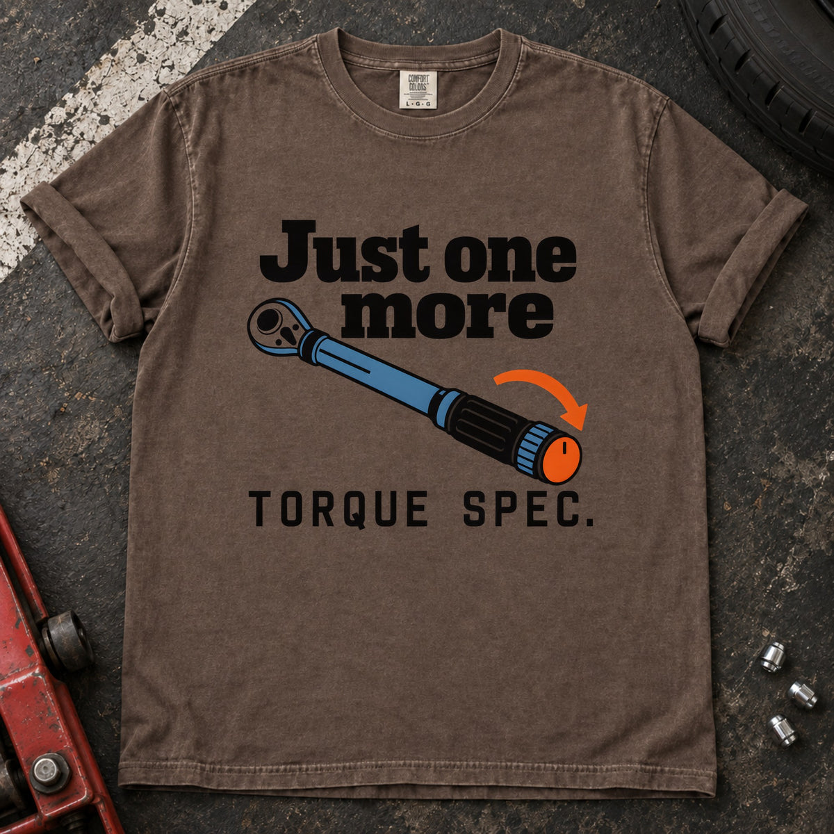 Espresso T-shirt showing a blue torque wrench and orange arrow with 'Just one more torque spec'.