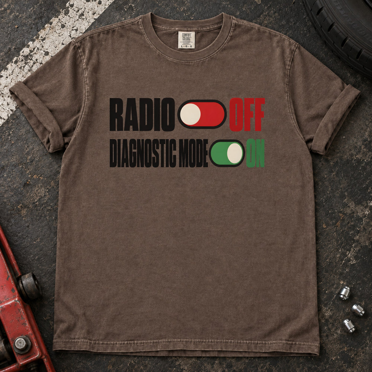 Espresso T-shirt with toggle switches labeled 'Radio off' and 'Diagnostic mode on'.