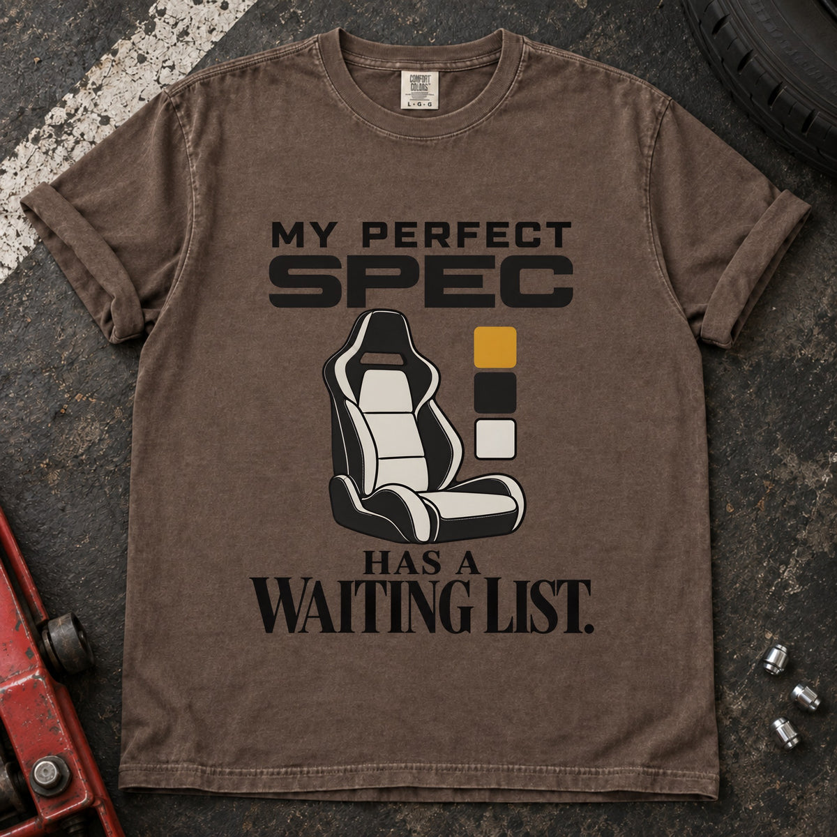 Espresso T-shirt showing a car seat and color swatches with 'My perfect spec has a waiting list'.