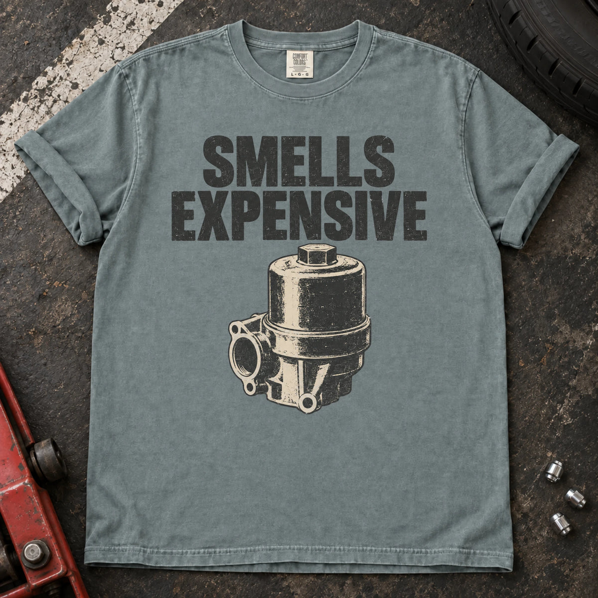 Bay car enthusiast T-shirt. A mechanical pump accompanies the ominous diagnosis, smells expensive.