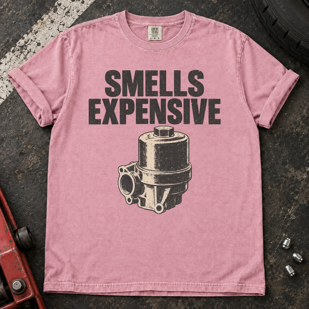 Blossom car enthusiast T-shirt. A mechanical pump accompanies the ominous diagnosis, smells expensive.