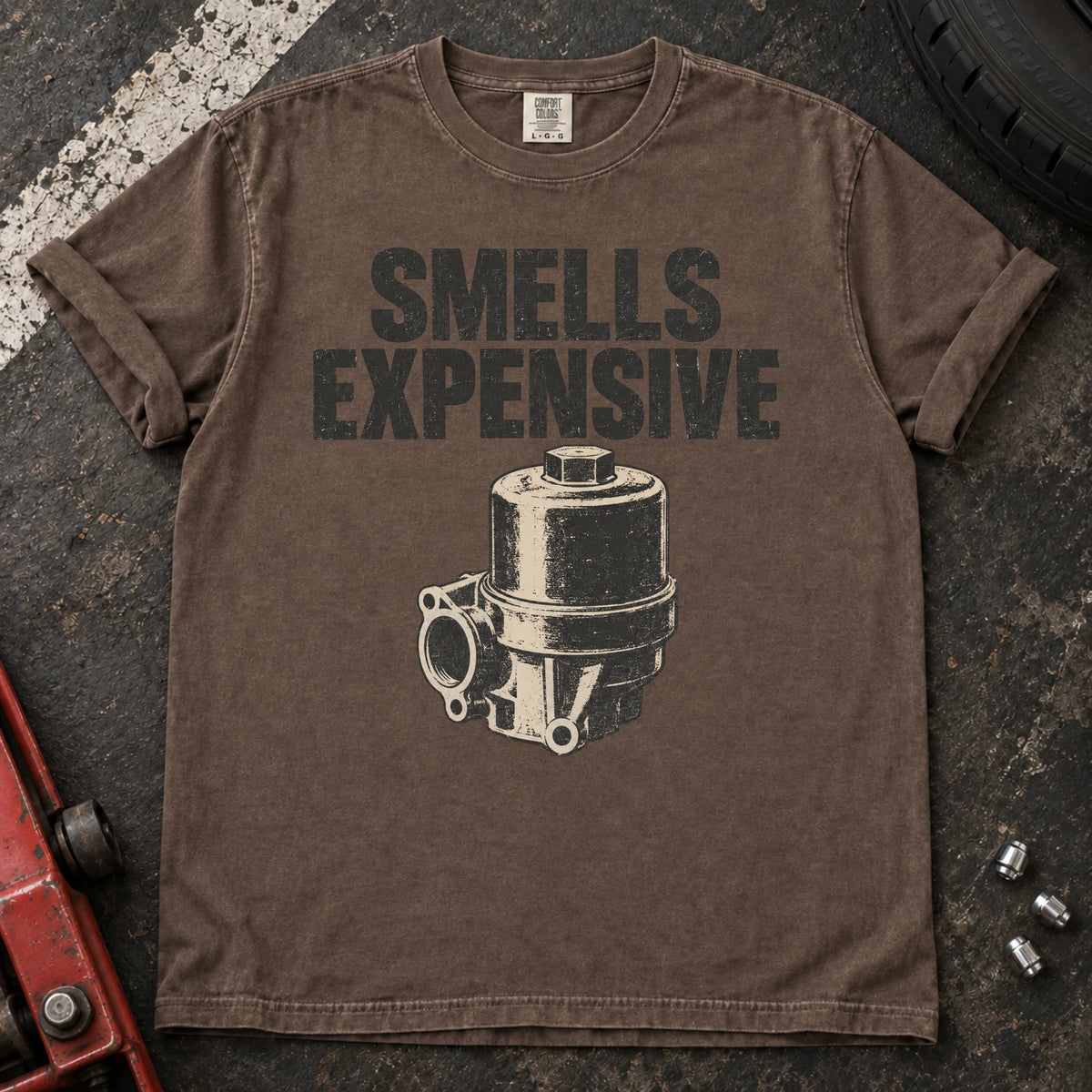 Espresso car enthusiast T-shirt. A mechanical pump accompanies the ominous diagnosis, smells expensive.