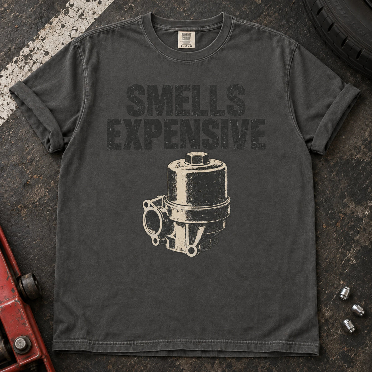 Pepper car enthusiast T-shirt. A mechanical pump accompanies the ominous diagnosis, smells expensive.