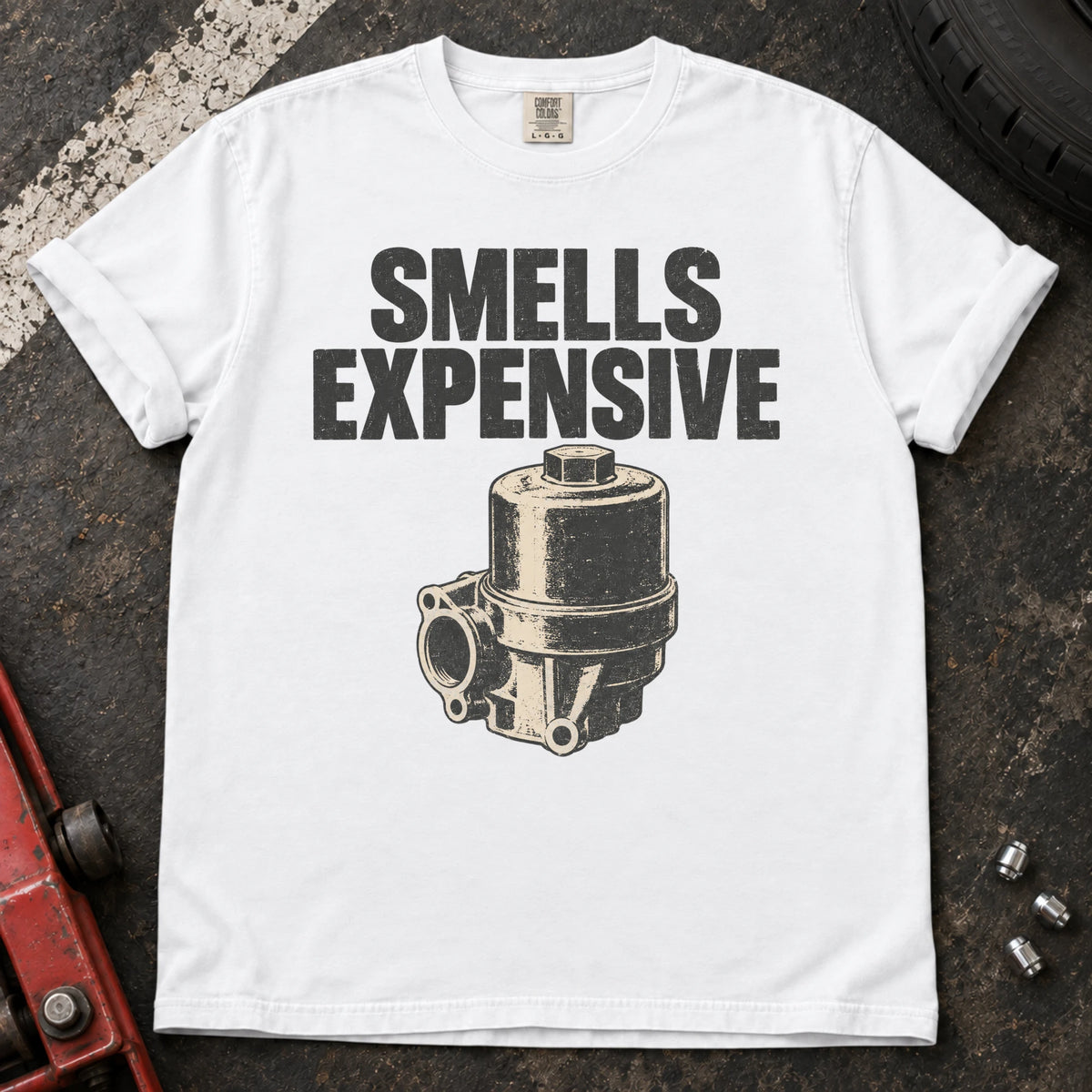 White car enthusiast T-shirt. A mechanical pump accompanies the ominous diagnosis, smells expensive.