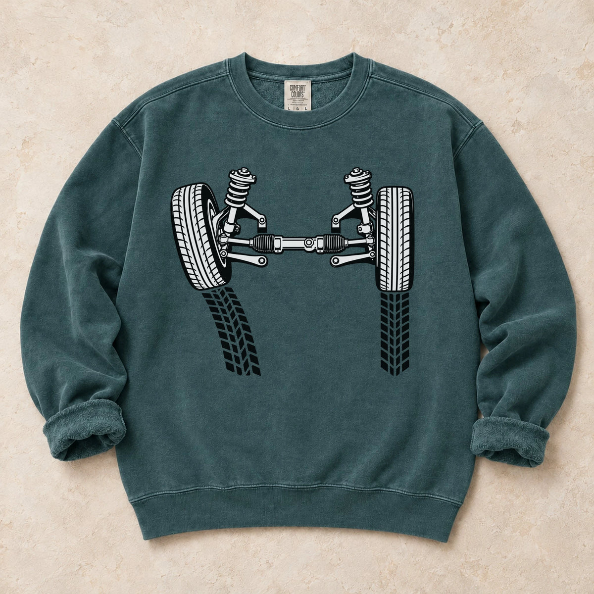 Blue Spruce garment-dyed crewneck sweatshirt with Camber Geometry wheel fitment design