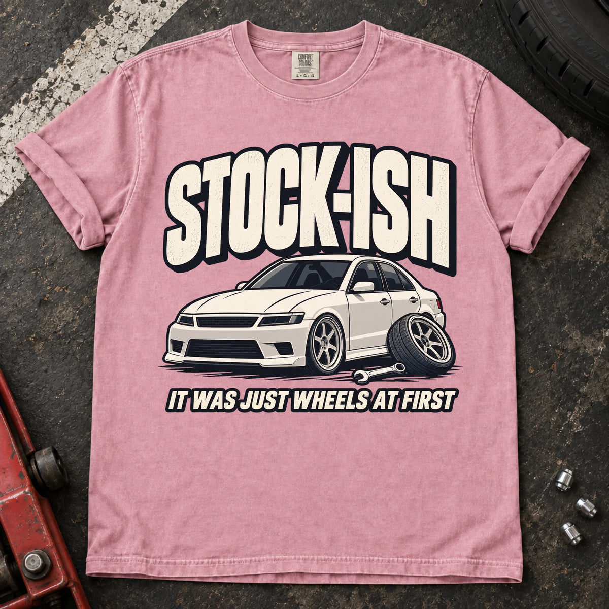 Blossom car enthusiast T-shirt. A modified sedan admits stock-ish, it was just wheels at first.