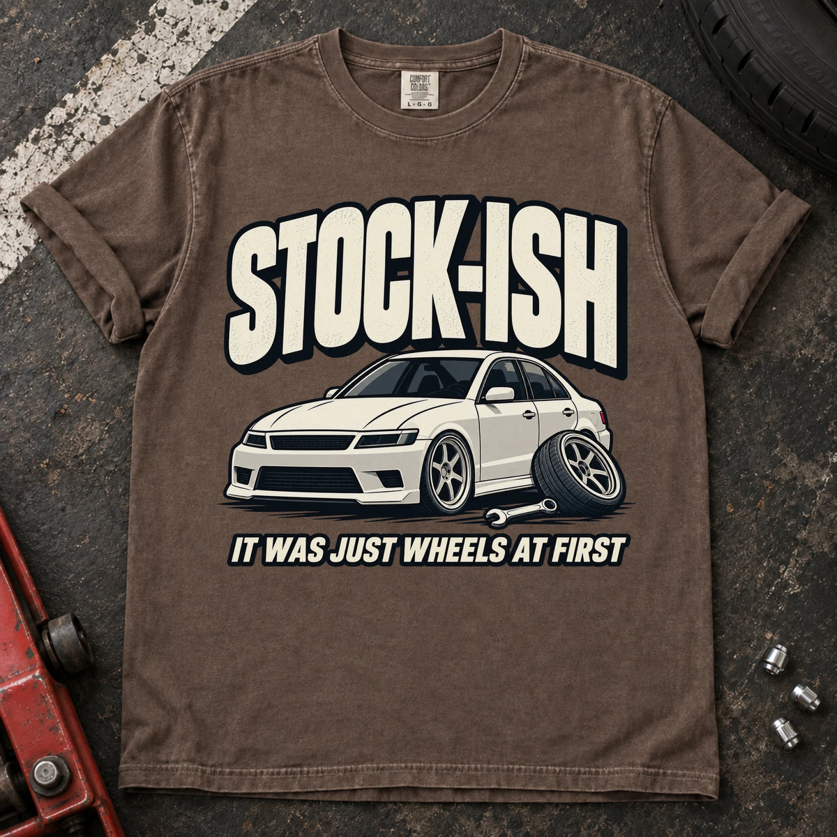 Espresso car enthusiast T-shirt. A modified sedan admits stock-ish, it was just wheels at first.