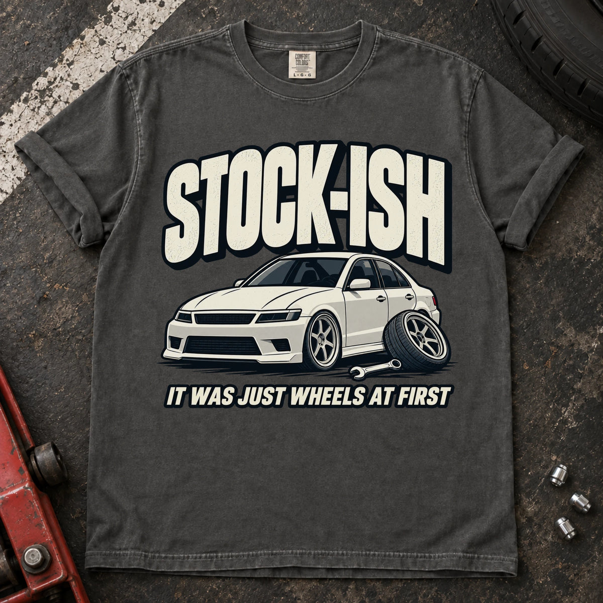Pepper car enthusiast T-shirt. A modified sedan admits stock-ish, it was just wheels at first.