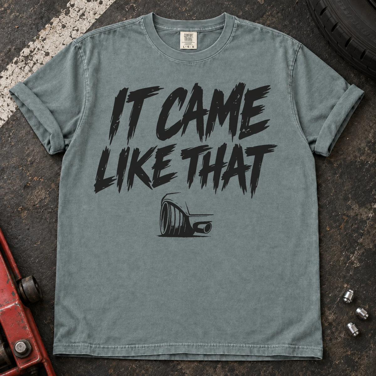 Bay car enthusiast T-shirt. An exhaust tip backs the excuse, it came like that.