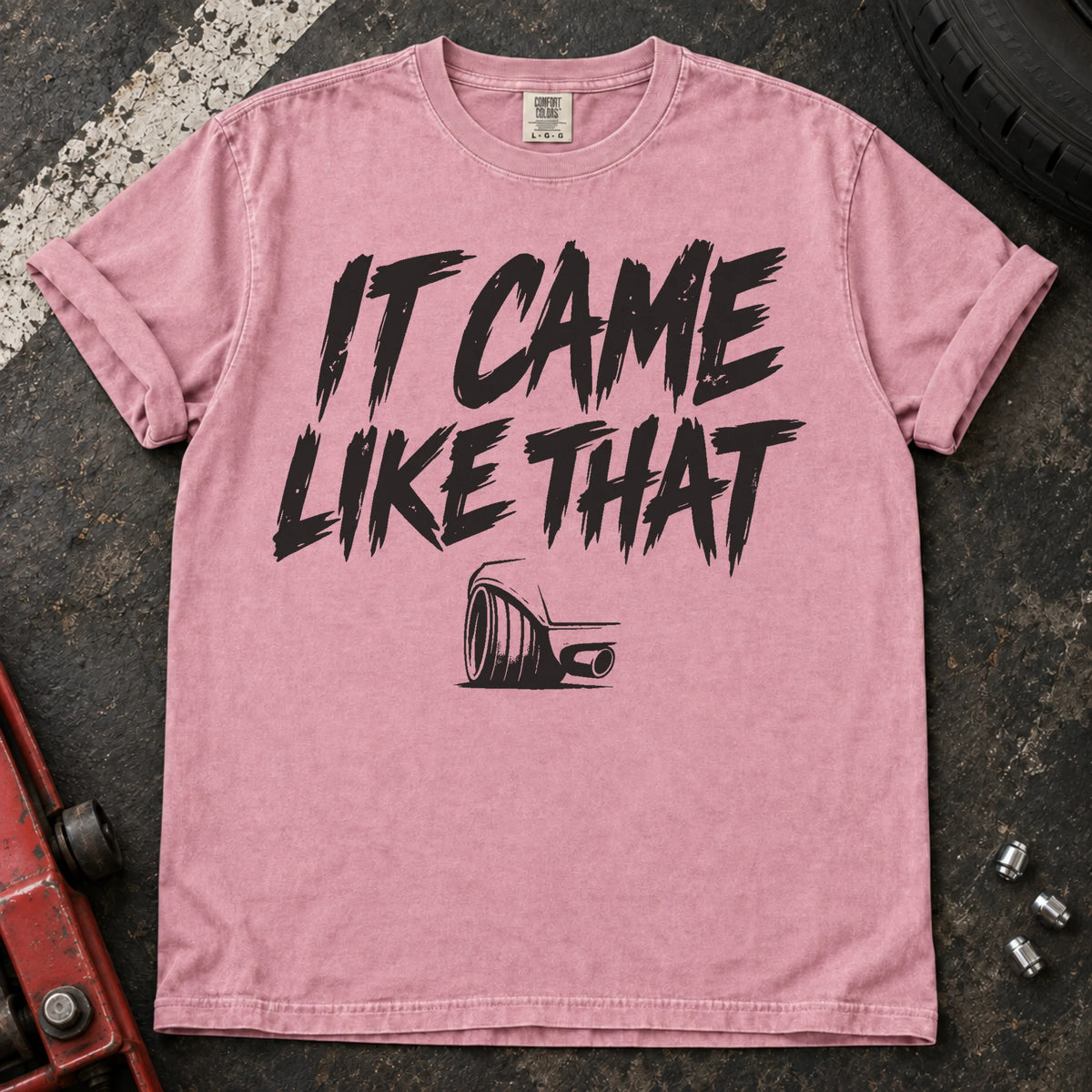 Blossom car enthusiast T-shirt. An exhaust tip backs the excuse, it came like that.