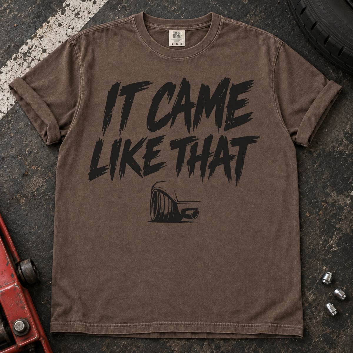 Espresso car enthusiast T-shirt. An exhaust tip backs the excuse, it came like that.