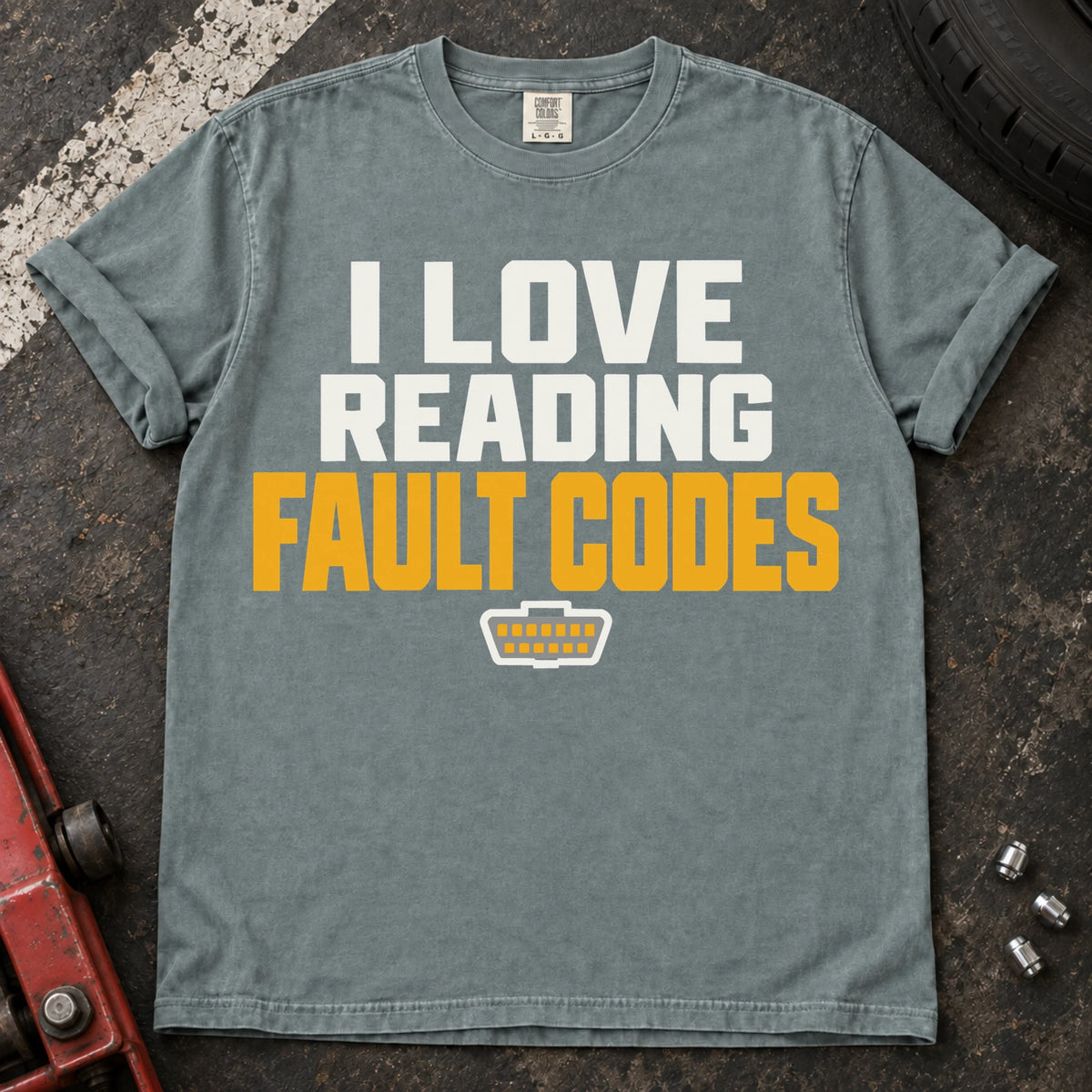 Bay T-shirt reading 'I love reading fault codes' with a small diagnostic connector graphic.